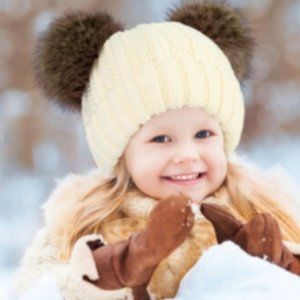 Toddler/Kids White Winter Beanie / Double Pompoms / Soft Fleece Lining: ages 2-6